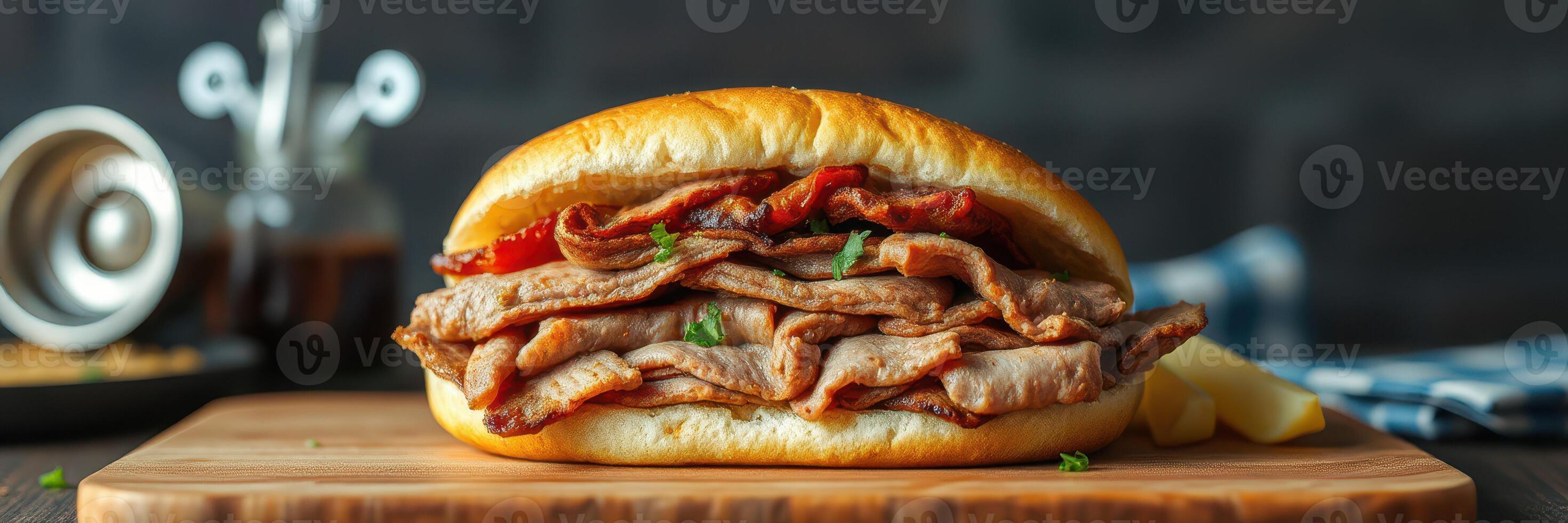 Delicious beef sandwich served in a freshly baked roll with toppings on a wooden cutting board photo