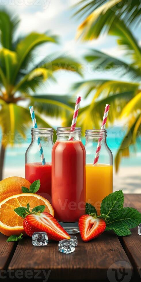 Colorful fruit juices served in bottles with vibrant straws on a tropical beach photo