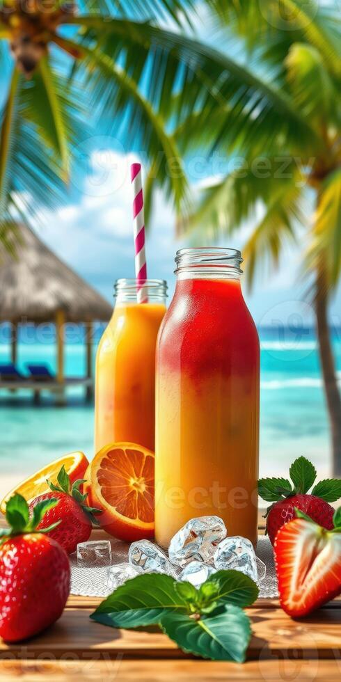 Delightful tropical fruit drinks served with ice on a wooden table at a beach resort photo