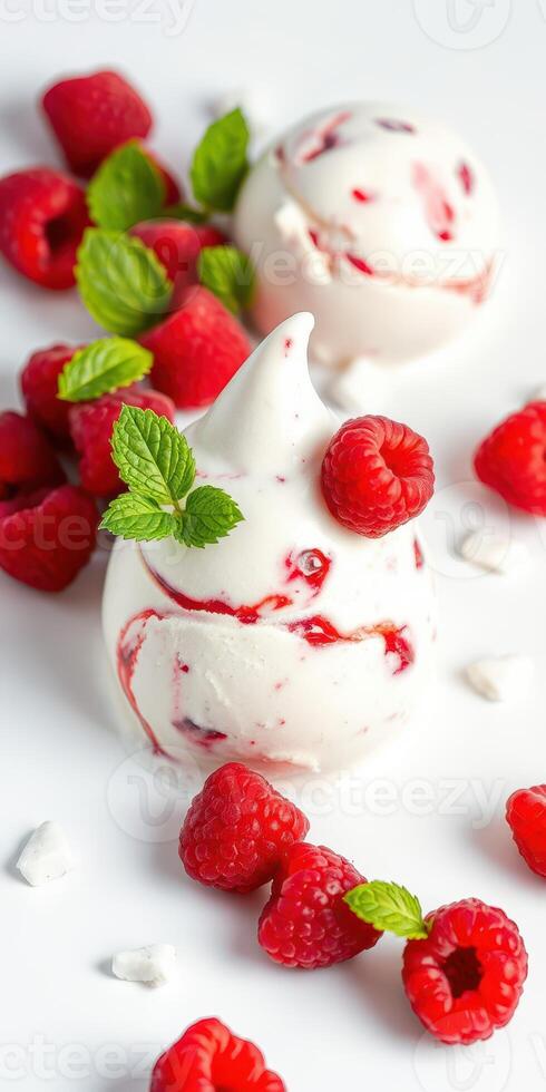 Delightful meringue desserts topped with fresh raspberries and mint leaves on a white background photo