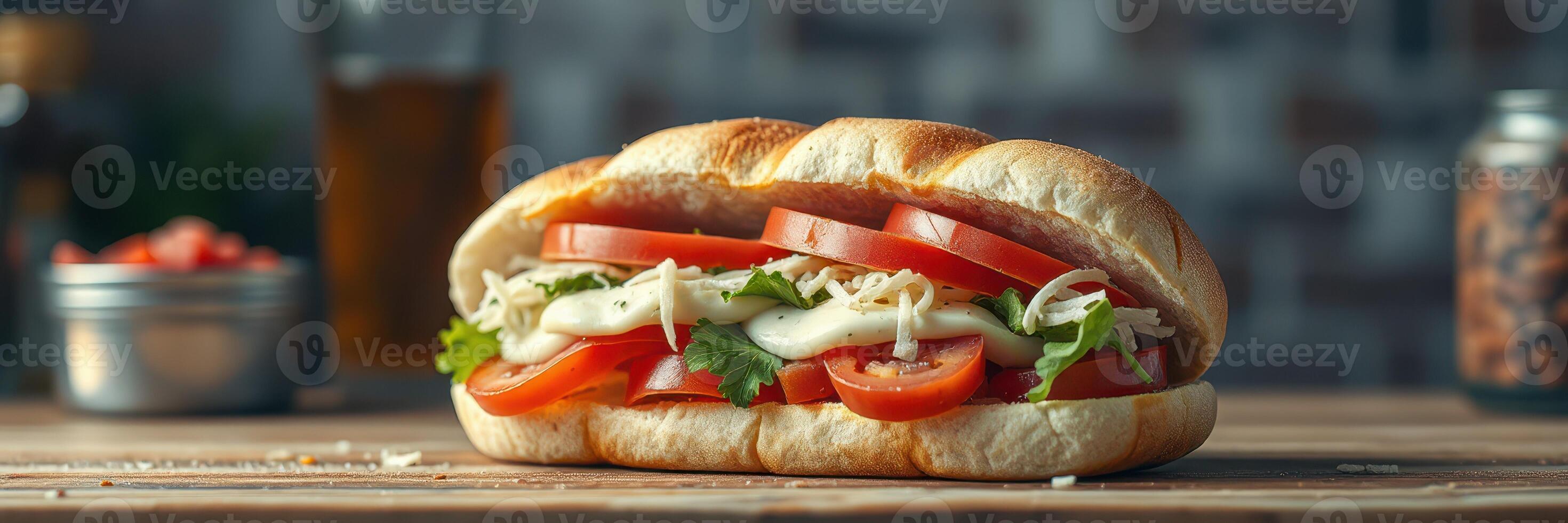 Freshly made sandwich with tomatoes, lettuce, and creamy dressing on rustic wooden table photo