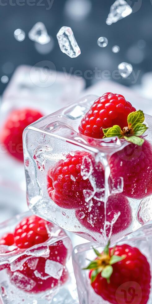 Refreshing raspberries frozen in ice cubes for a cool summer drink presentation photo