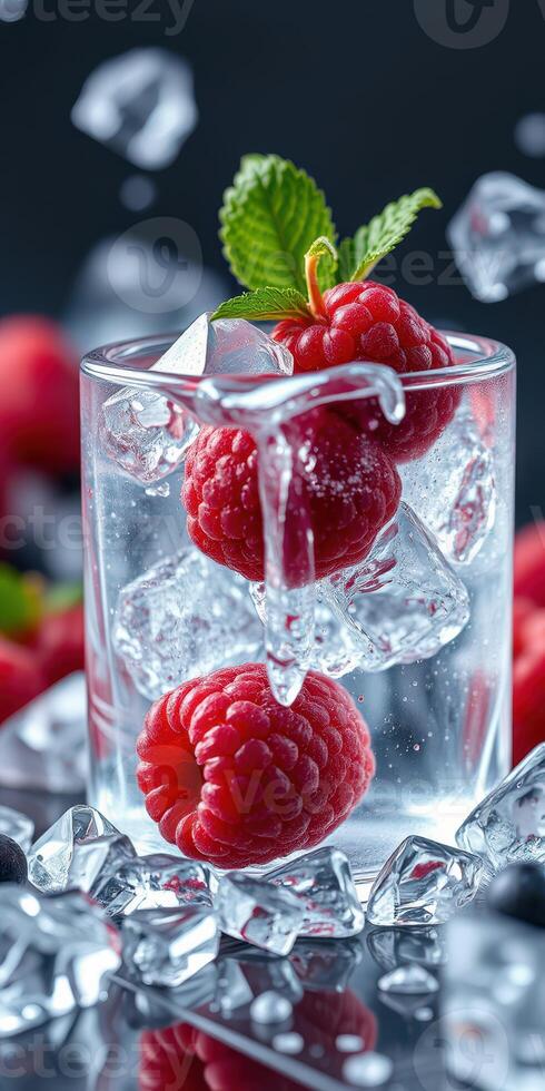 Refreshing raspberry drink with ice in a glass surrounded by more raspberries and ice photo