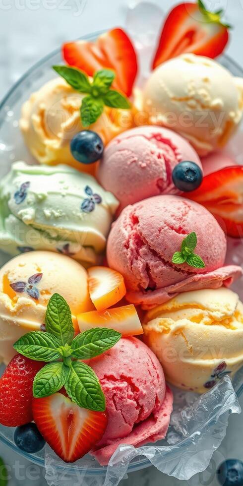 Colorful assortment of delicious ice cream scoops with fresh fruit and mint leaves in a bowl photo