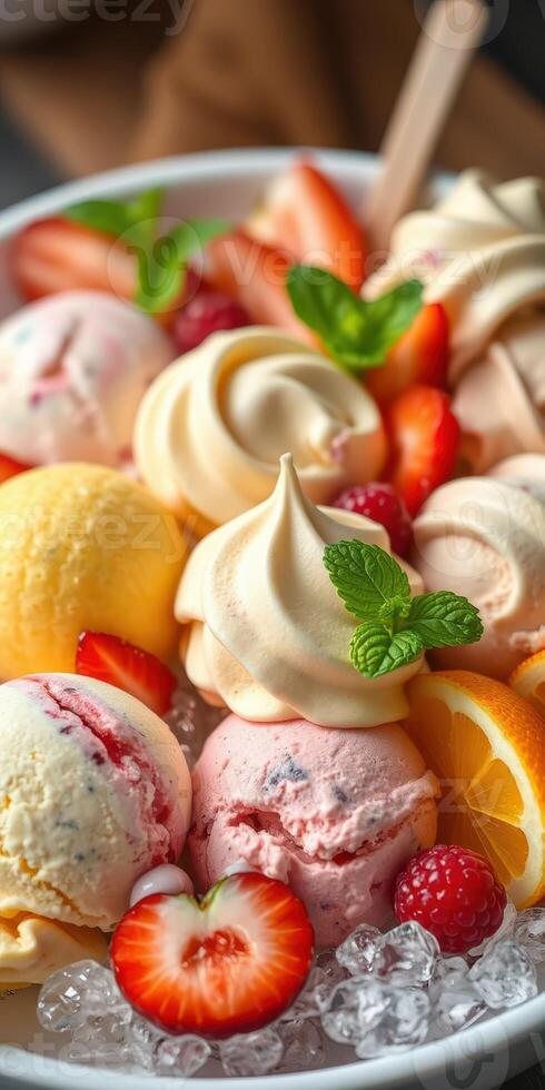 Colorful assortment of ice cream with fresh fruits and mint leaves on a dessert platter photo
