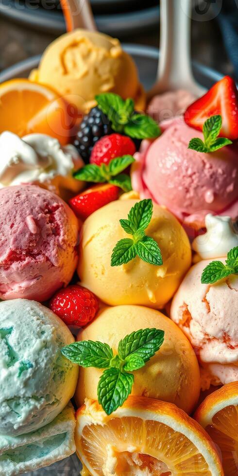 Colorful assortment of ice cream scoops topped with fruit and mint leaves arranged on a platter photo