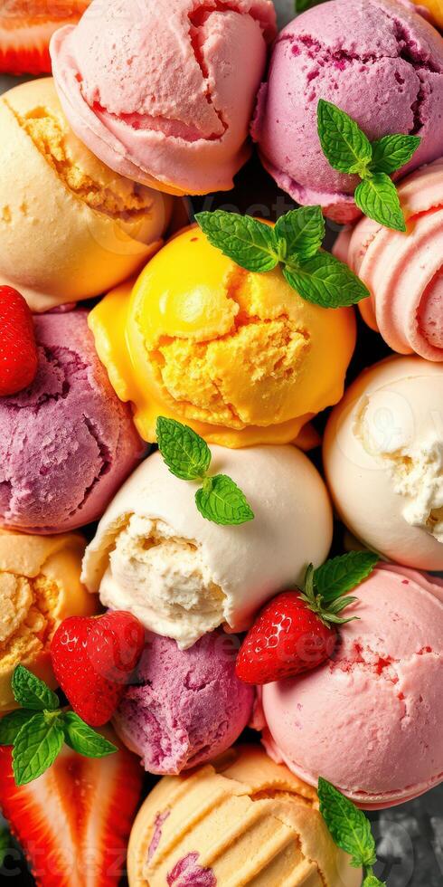 Colorful assortment of ice cream scoops topped with fresh strawberries and mint leaves photo