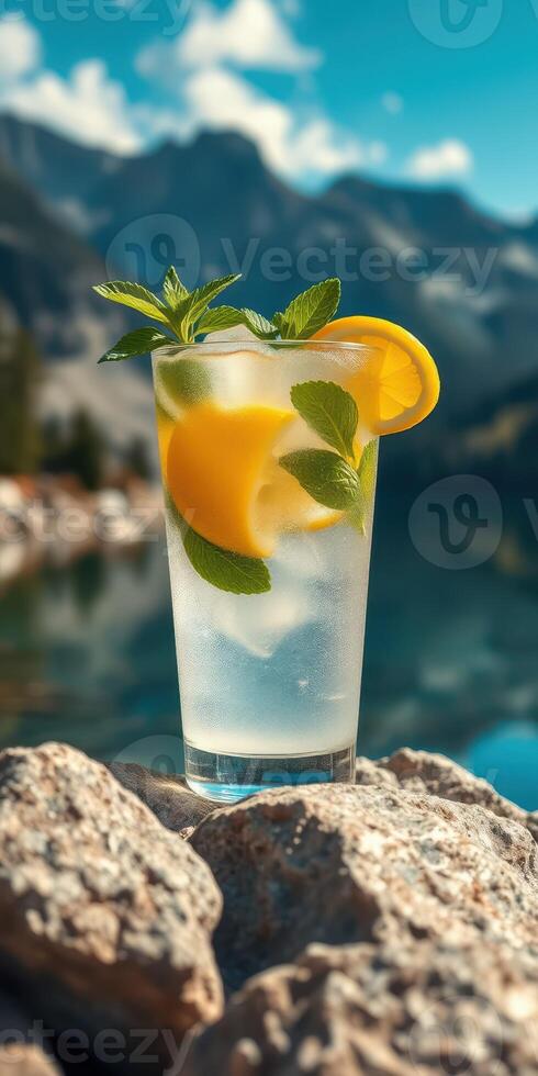 Fresh lemonade cocktail served with mint leaves and lemon slices near a lake in the mountains during sunny weather photo