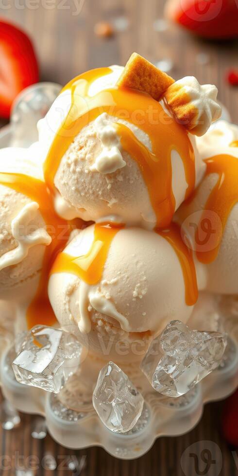 Decadent vanilla ice cream scoops drizzled with rich caramel sauce topped with a cookie on a bed of ice photo