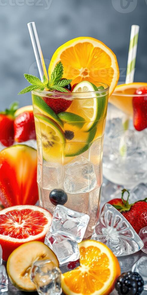 Refreshing fruit cocktails served in glasses with ice, vibrant fruits, and garnishes on a colorful background photo