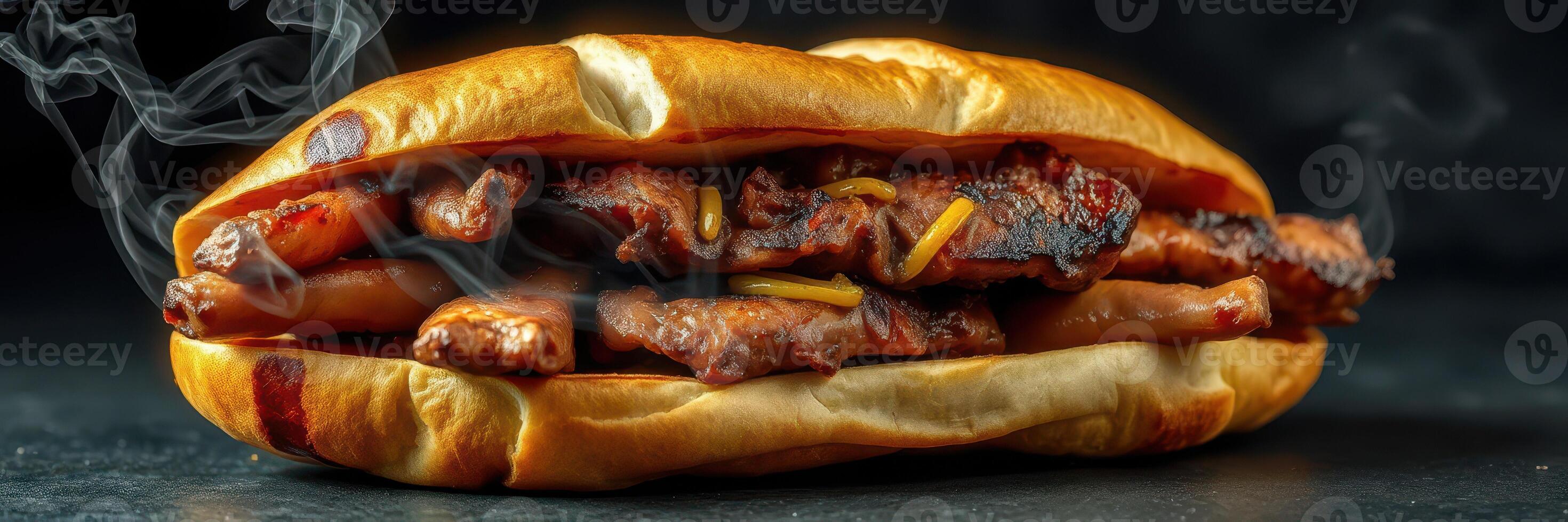 Savory grilled meat sandwich with smoky aroma and fresh toppings on a dark background photo