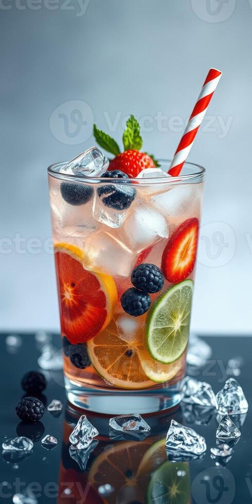Refreshing fruit beverage with ice and berries served in a glass on a dark surface photo