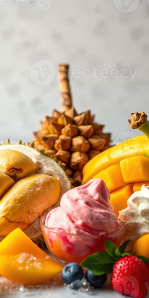 Colorful tropical fruits and ice cream create a delightful summer dessert spread at a sunlit kitchen photo