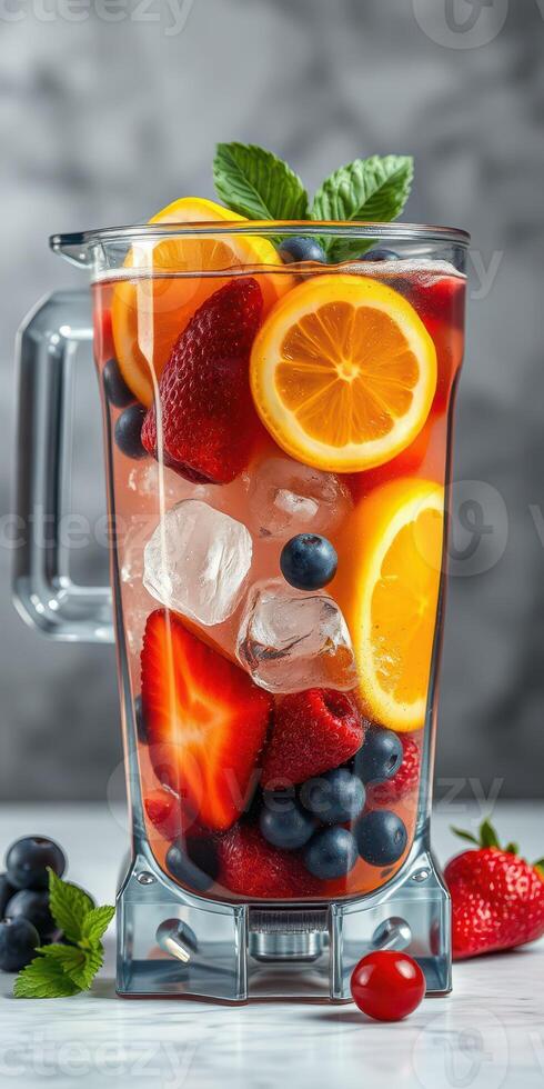 Refreshing fruit beverage in a blender filled with strawberries, blueberries, and citrus slices prepared for summer enjoyment photo