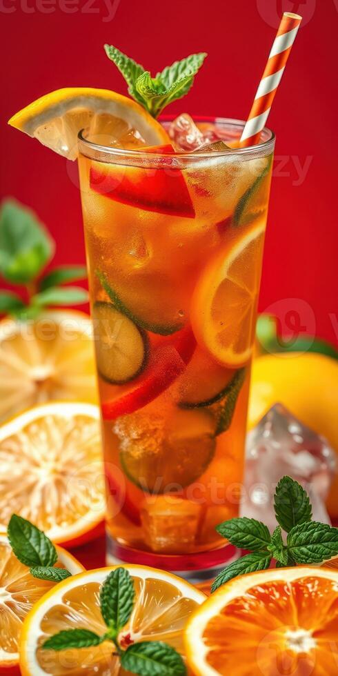 Refreshing summer drink with citrus and mint served in a tall glass against a vibrant red background photo