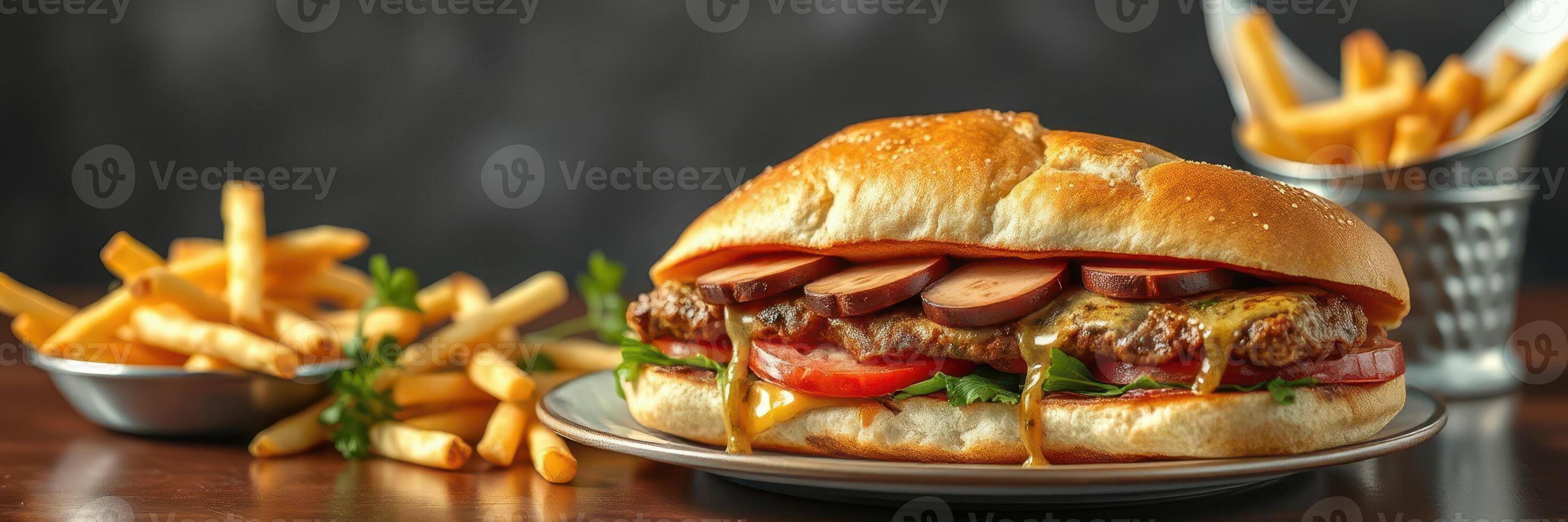Juicy burger with melted cheese and crispy fries served in a casual dining setting photo