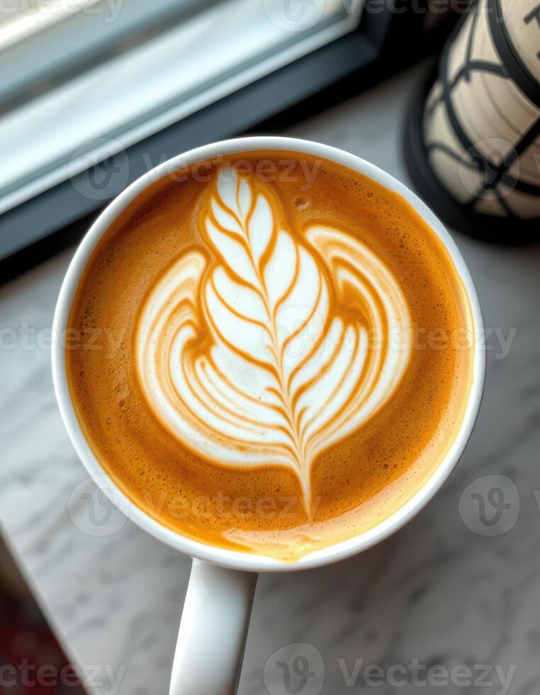 Coffee cup with intricate latte art placed on a marble table near a window, capturing morning light and warmth photo