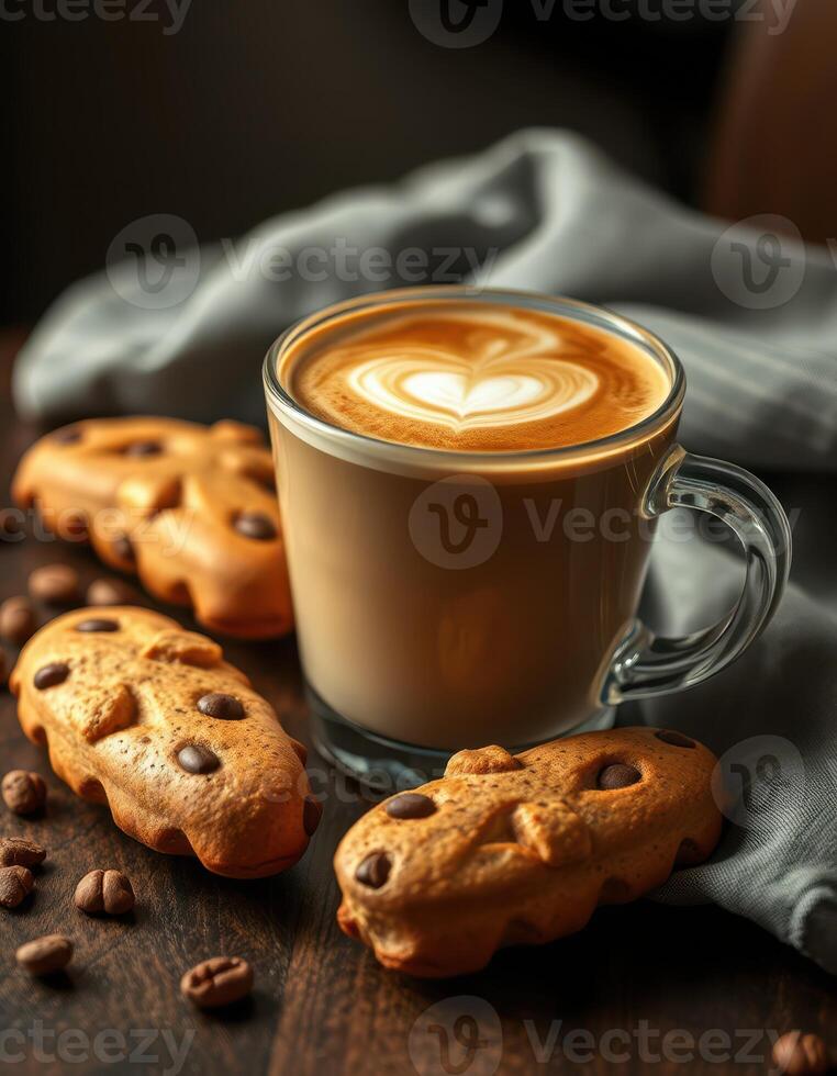 Coffee with heart latte art and cookies served on a wooden table with scattered coffee beans in a cozy setting photo