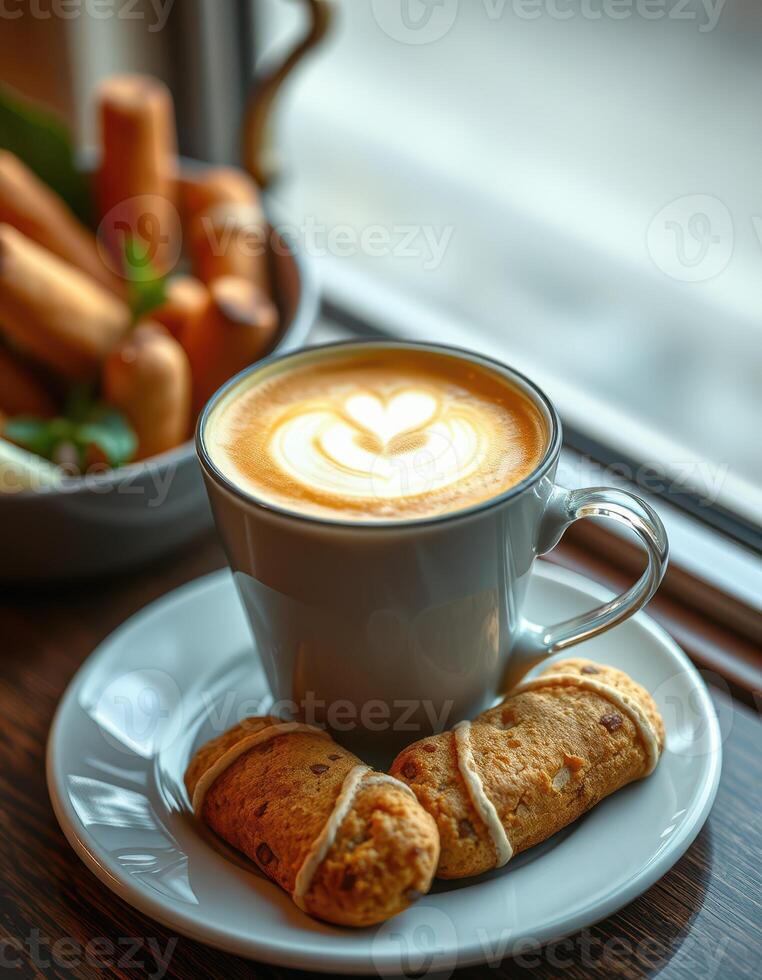 Warm latte art and cookies beside a window in a cozy cafe during afternoon photo