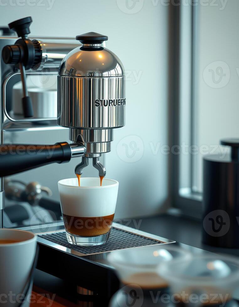 Precision espresso extraction with a sleek espresso machine in a modern kitchen setting during morning hours photo