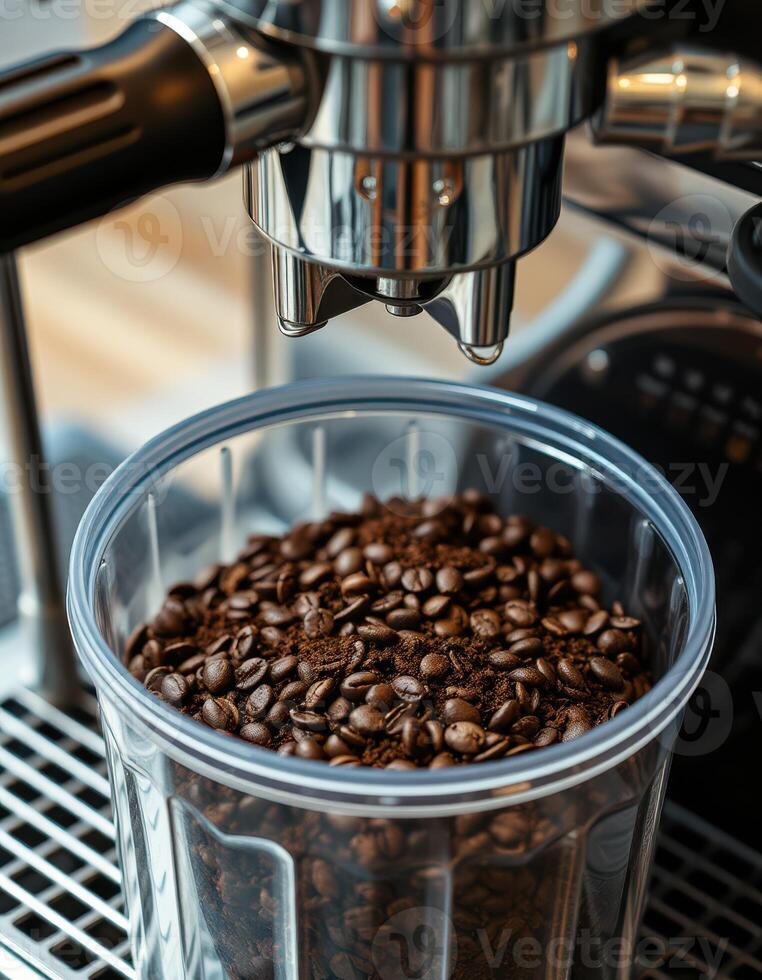 Fresh coffee beans ready for brewing in an espresso machine at a local cafe during the morning rush photo