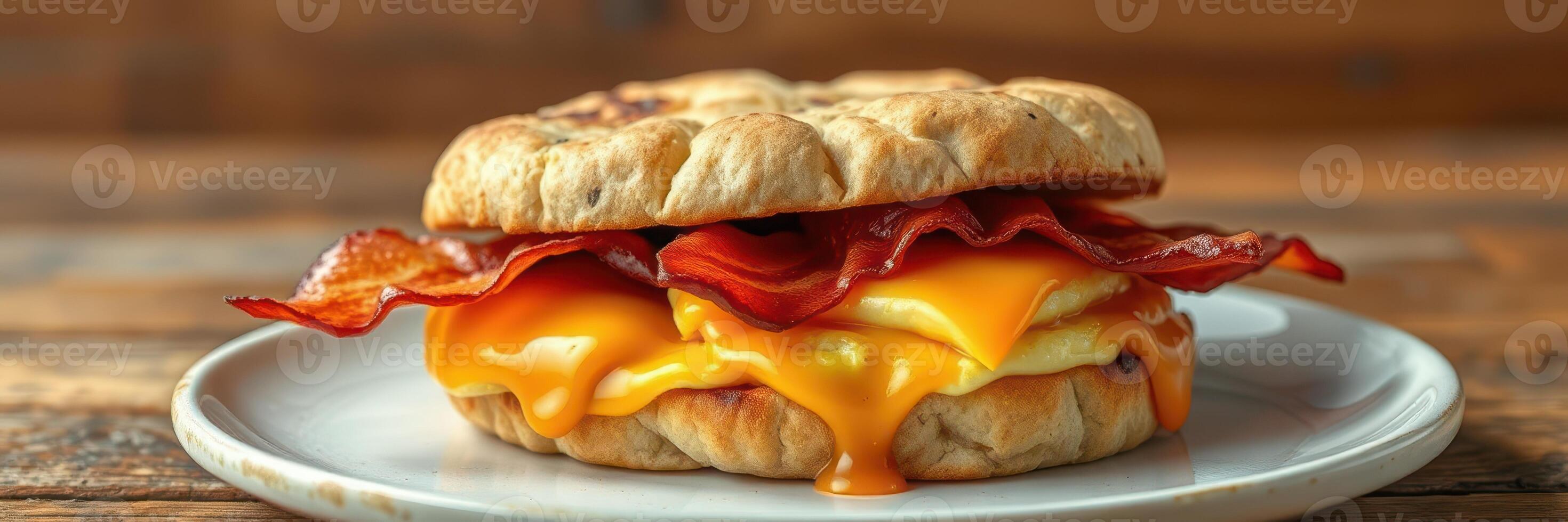 Delicious breakfast sandwich with bacon and melted cheese on a wooden table photo