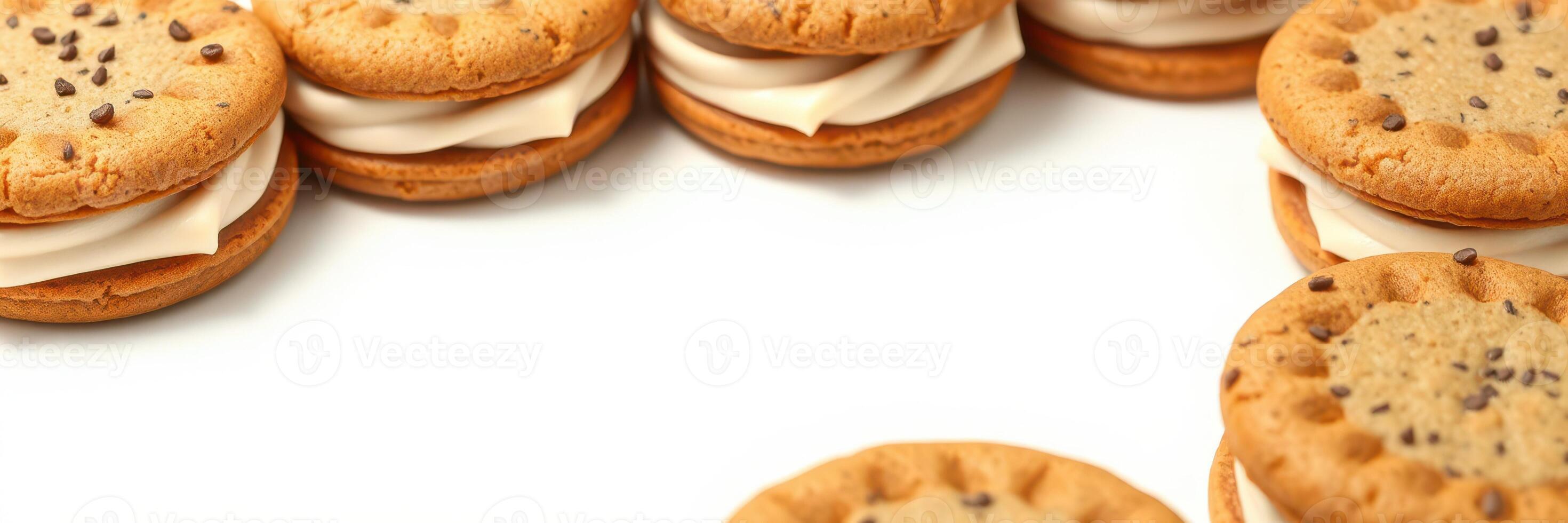 Delicious cream-filled cookies arranged in a creative pattern on a clean white surface photo