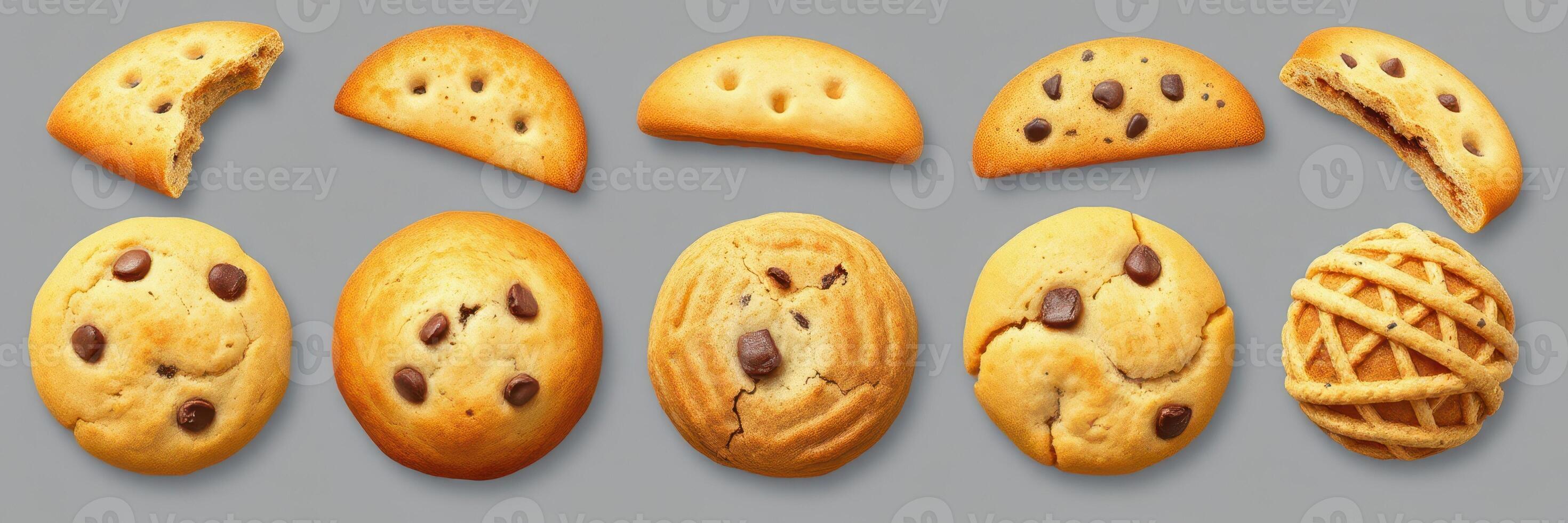 Variety of delicious cookie shapes and designs displayed against a neutral background photo
