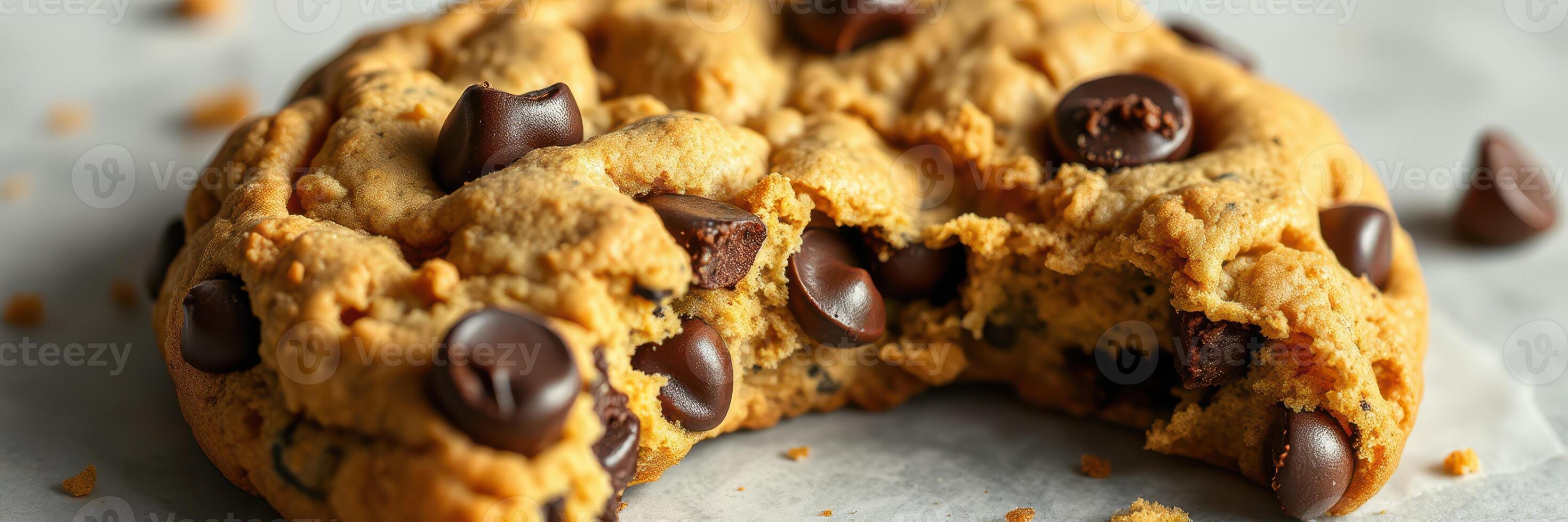 Deliciously baked chocolate chip cookie with a bite taken out, showcasing gooey chocolate and soft texture photo