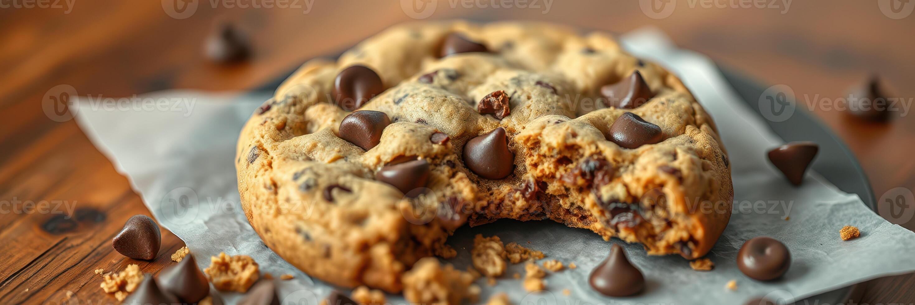 Warm chocolate chip cookie with a bite taken from it on a wooden table photo