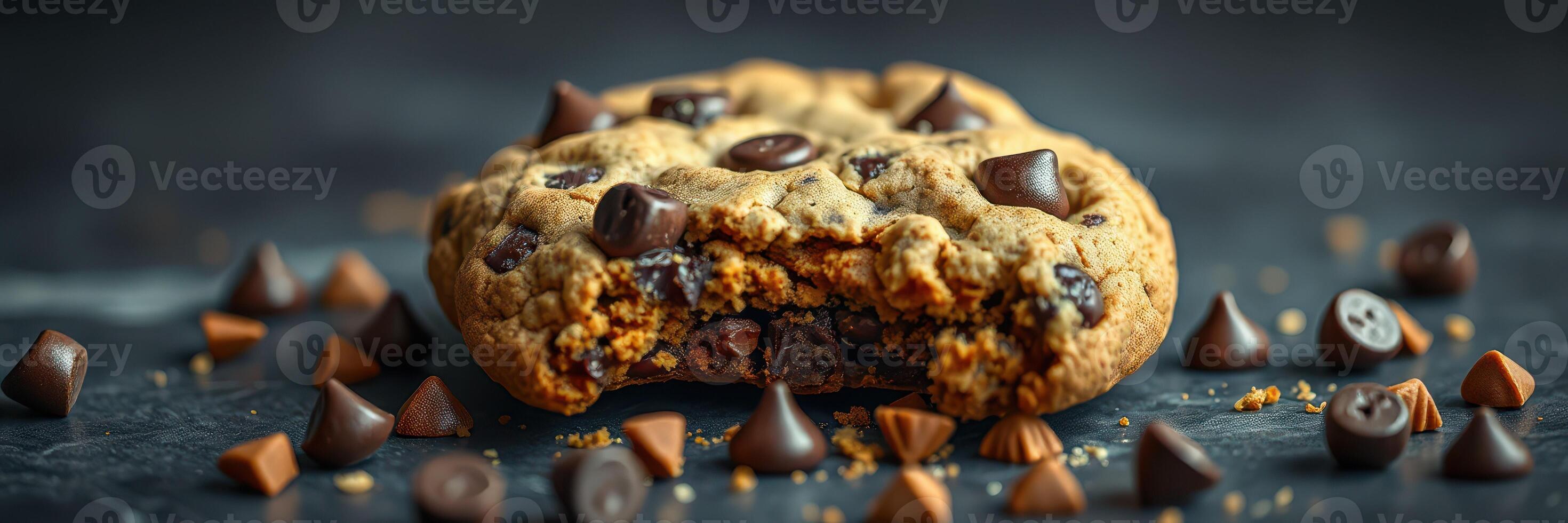 Chocolate chip cookie with a bite taken out, surrounded by chocolate chips and crumbs on a dark surface photo