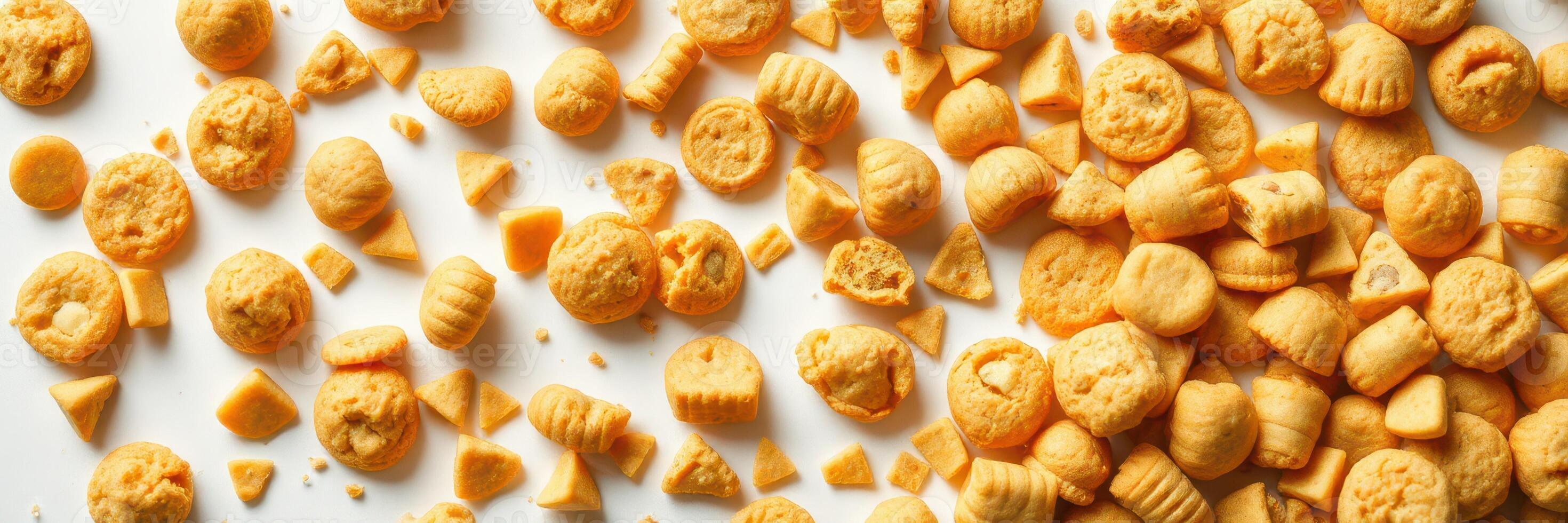 Savory biscuits scattered across a white surface, showcasing unique shapes and textures for a delicious snack experience photo