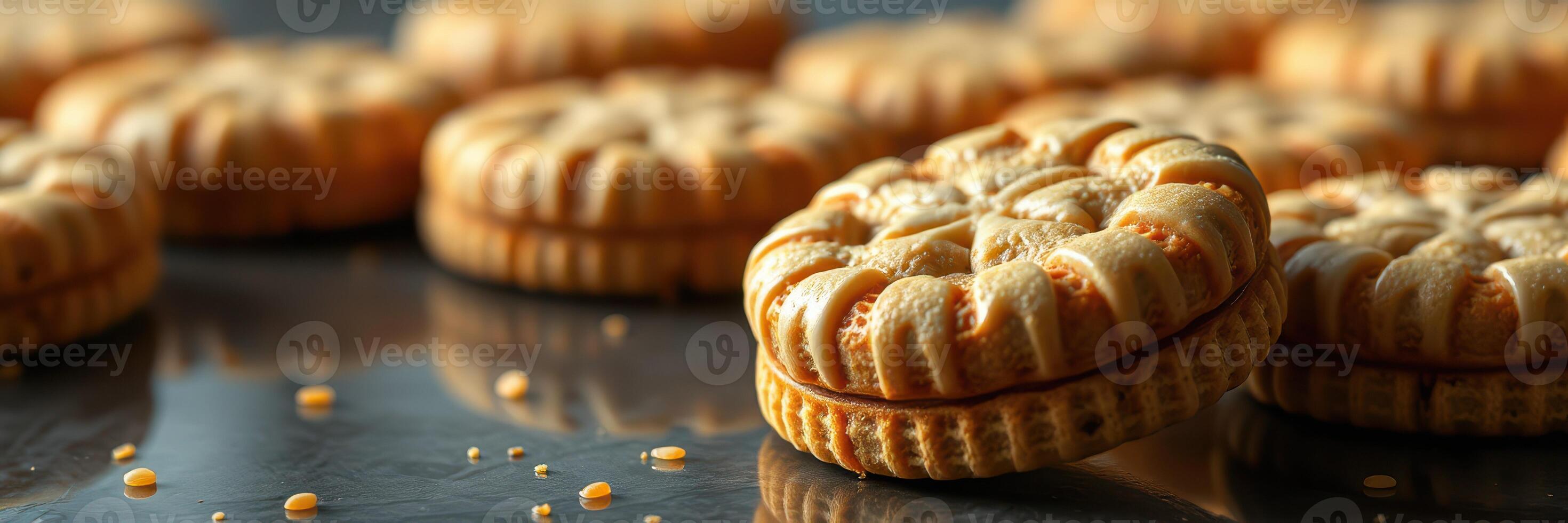 Cookies arranged on a shiny surface highlighting intricate designs and textures photo