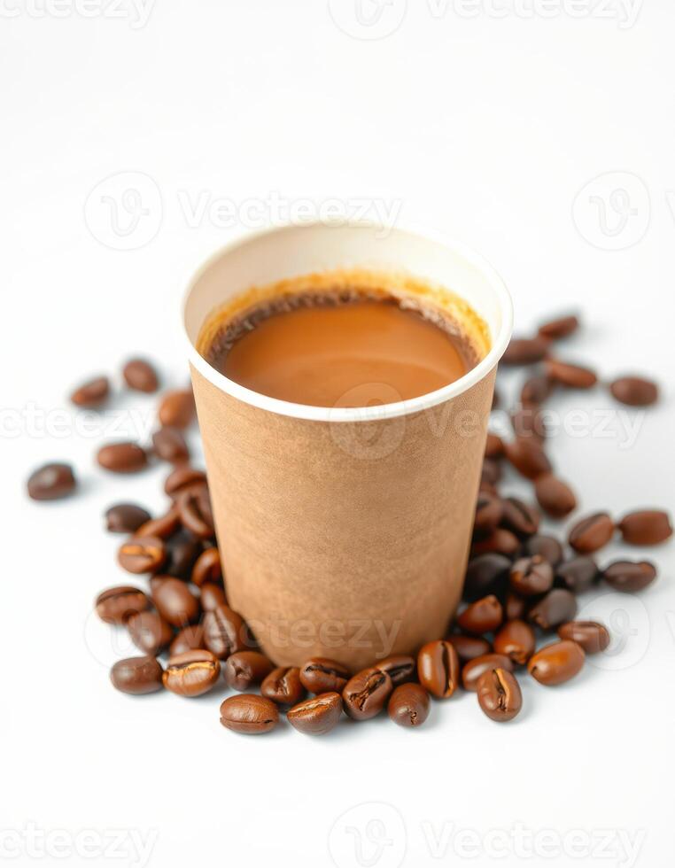 Warm cup of coffee surrounded by fresh coffee beans on a light background in a cozy setting photo