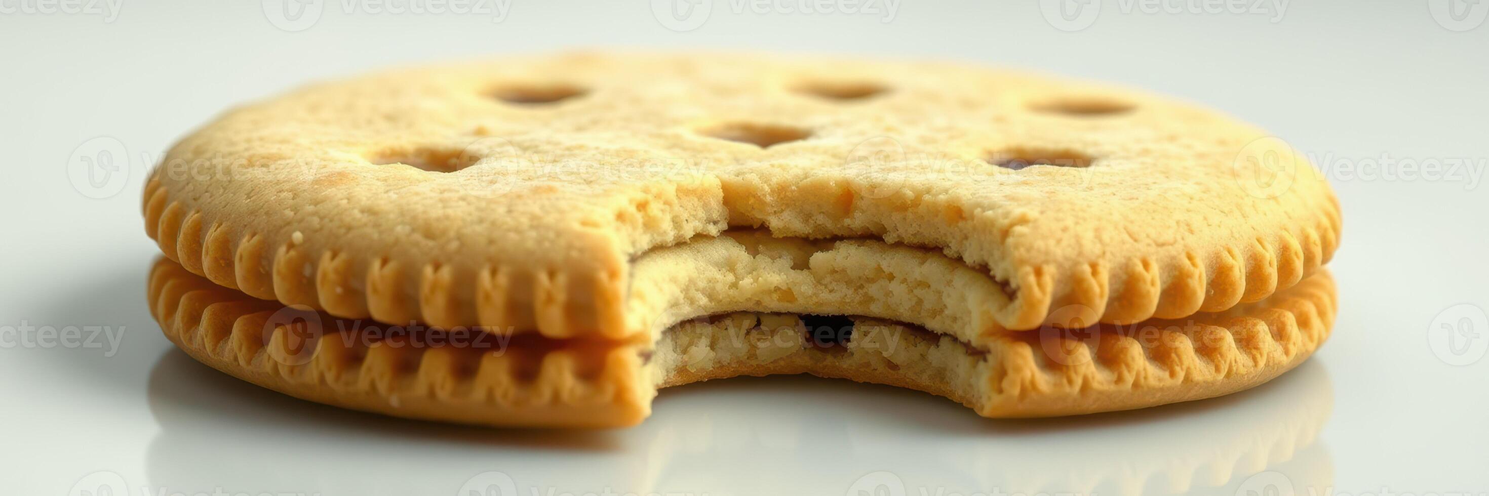 Delicious cookie with a bite taken out, featuring a creamy filling and a unique texture on a plain background photo