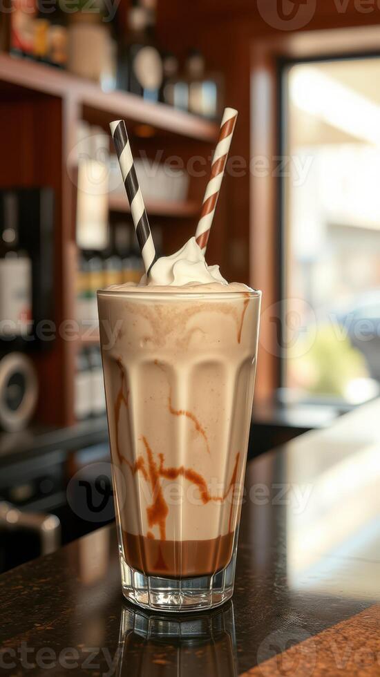 Creamy caramel milkshake served in a tall glass garnished with whipped cream and striped straws at a cozy cafe photo