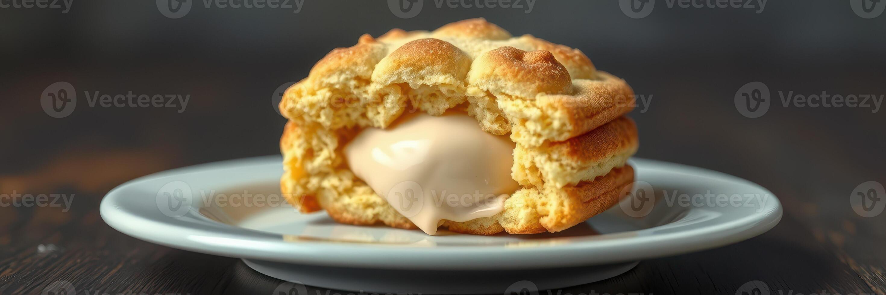 Enjoying a delicious dessert with a creamy filling on a plate at a cozy cafe in the afternoon photo