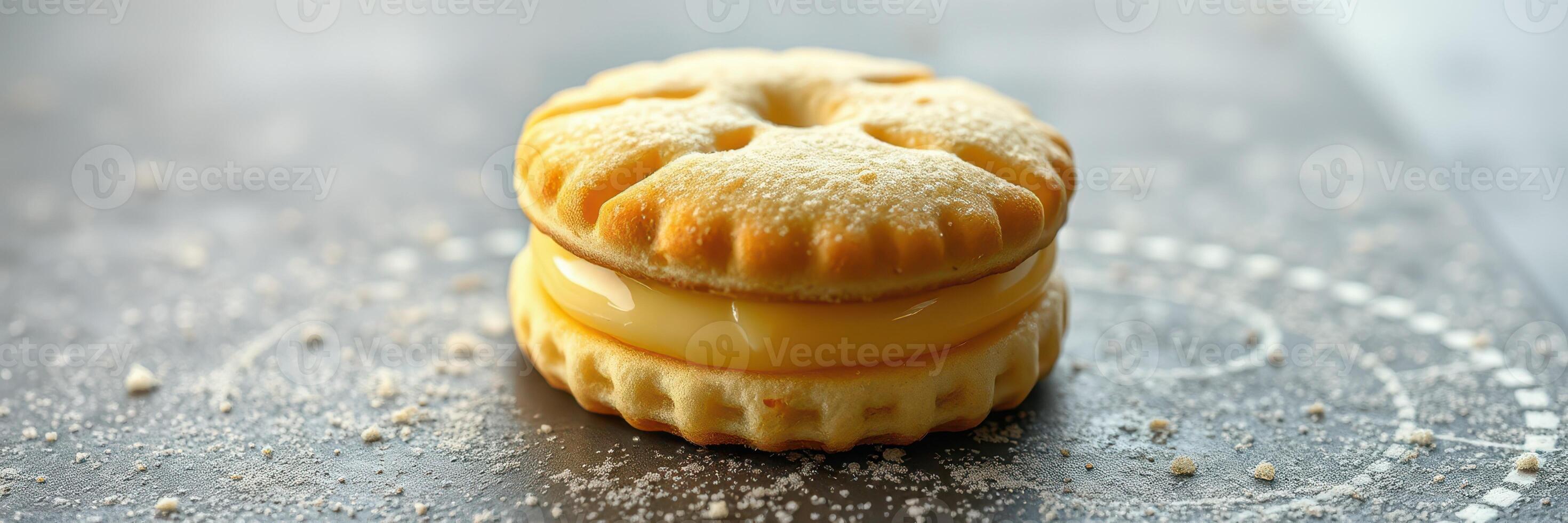 Delicious cream-filled cookie dessert arranged on a rustic wooden table in natural light during the afternoon photo