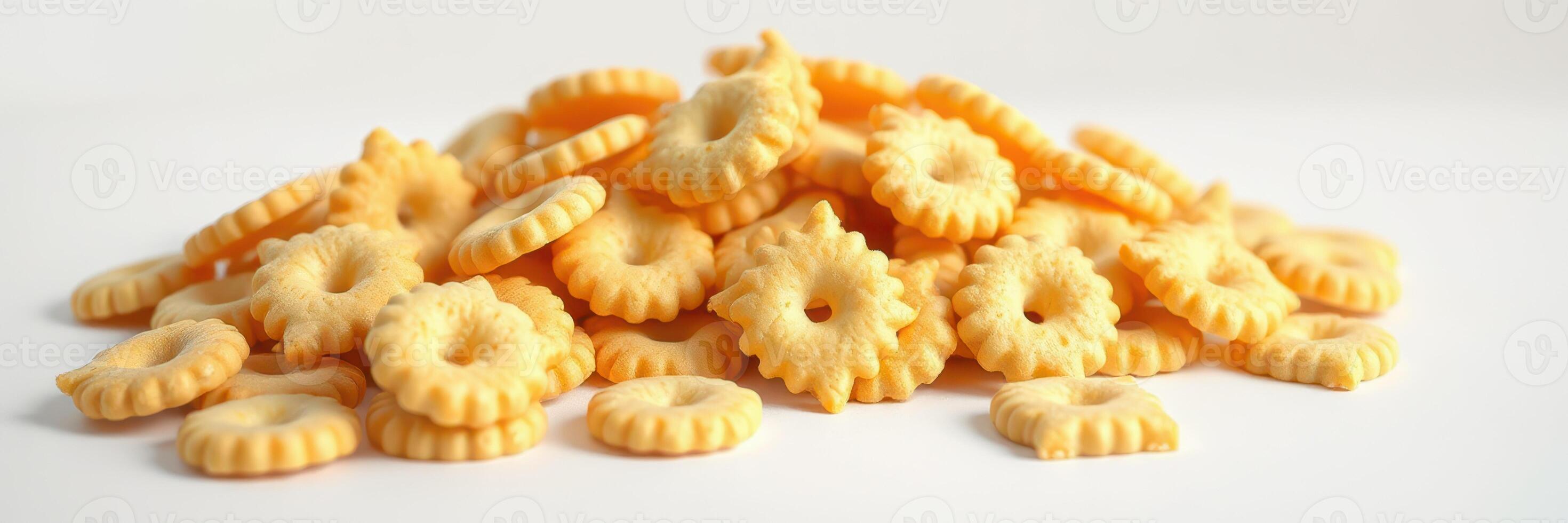 Tasty assortment of round and flower-shaped cookies on a plain background ready to be enjoyed at any gathering or snack time photo