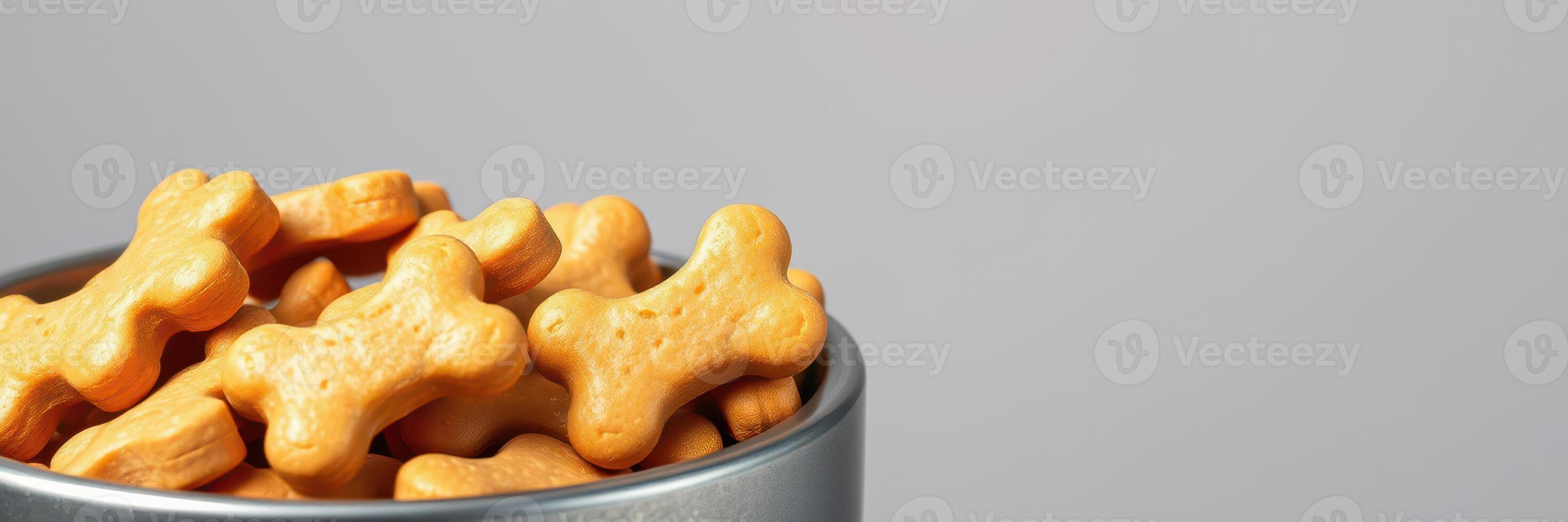 Dog biscuits stacked in a metal container for pets, close-up view highlights texture and shape photo
