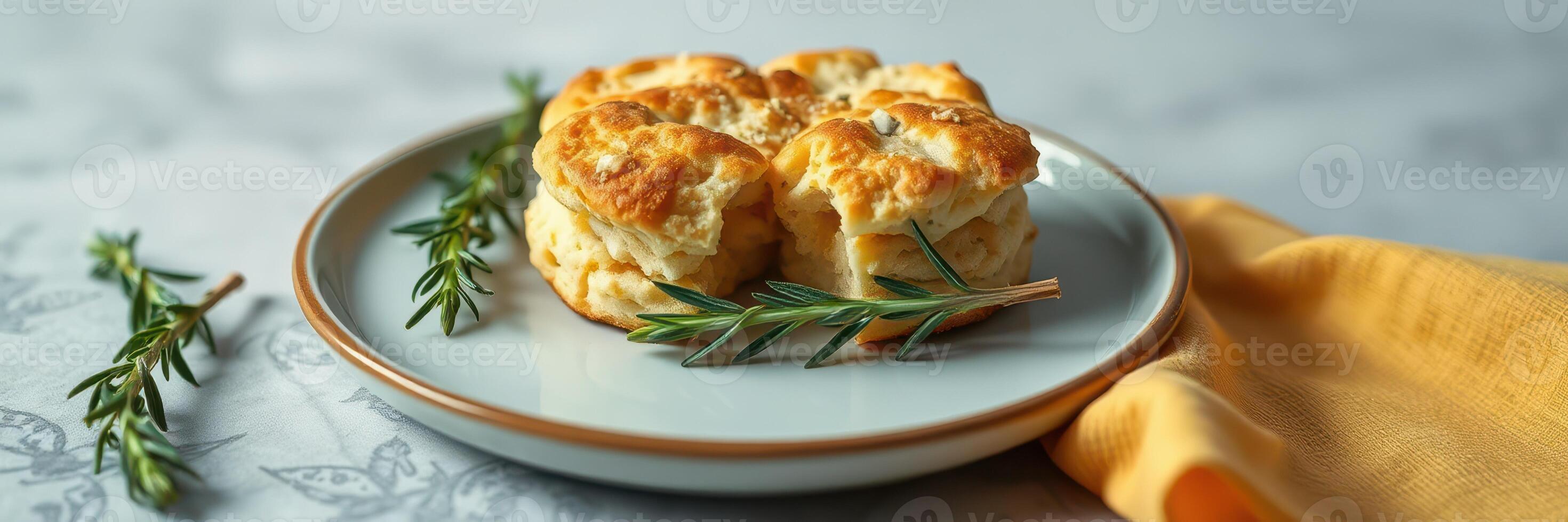Flaky buttermilk biscuit served on a plate with fresh rosemary and a napkin photo