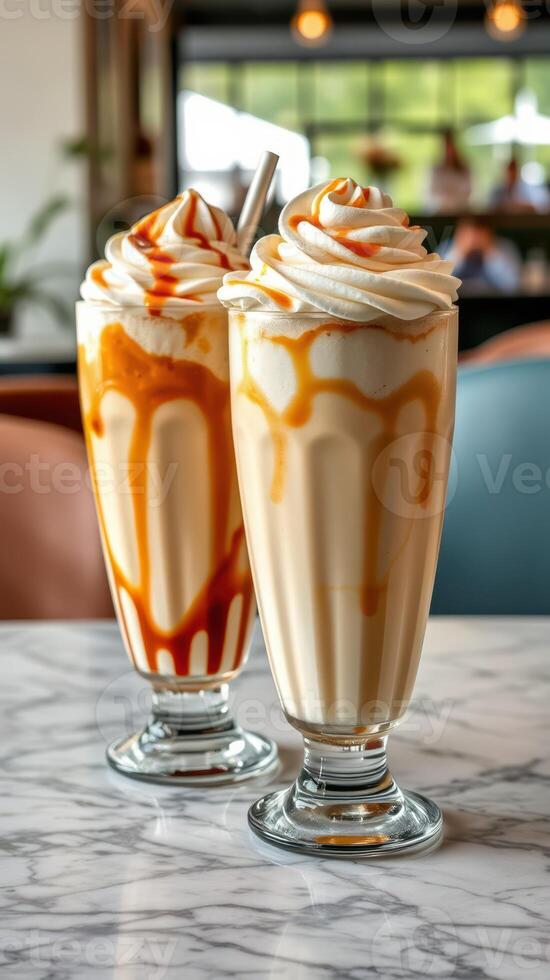 Delicious milkshakes topped with creamy whipped cream and caramel drizzle in a cozy cafe setting photo