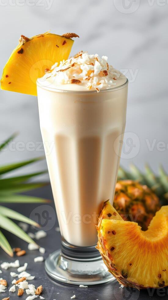 Refreshing tropical smoothie topped with coconut and pineapple garnished, perfect for summer enjoyment photo