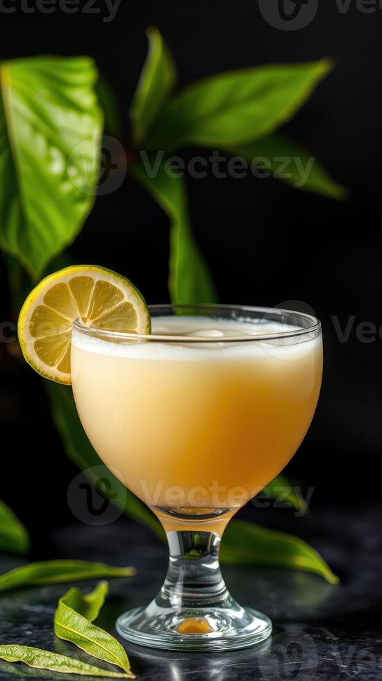 Refreshing cocktail garnished with a lemon slice against a dark backdrop photo