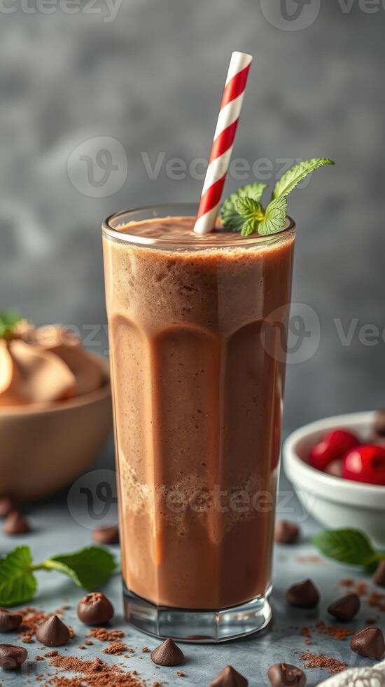 Creamy chocolate milkshake with mint garnish served in a tall glass with a striped straw and dessert elements in the background photo
