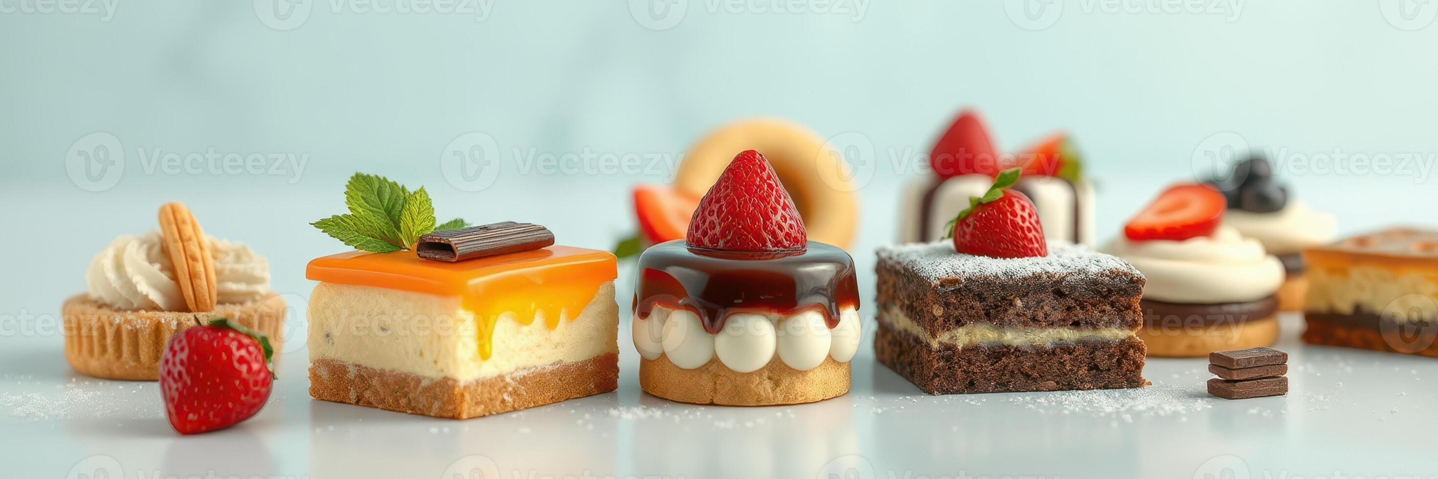Colorful assortment of delicious desserts displayed on a white background with fresh fruits and chocolate photo