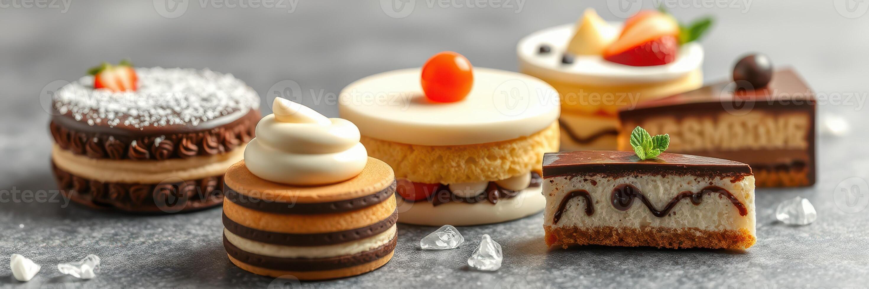 Assorted delicious pastries and desserts arranged on a grey background with decorative elements for a festive presentation photo