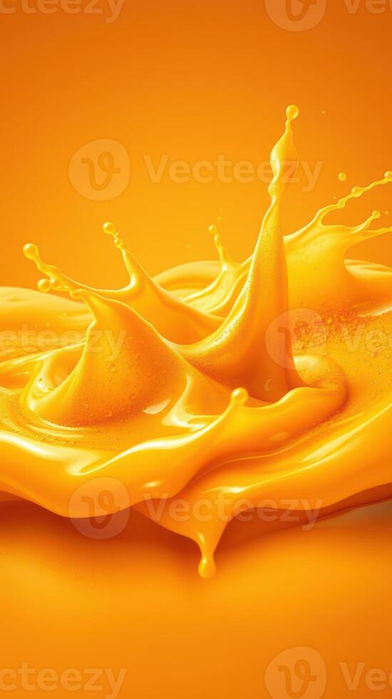 Bright yellow liquid splash creates dynamic droplets against an orange background in artistic representation photo