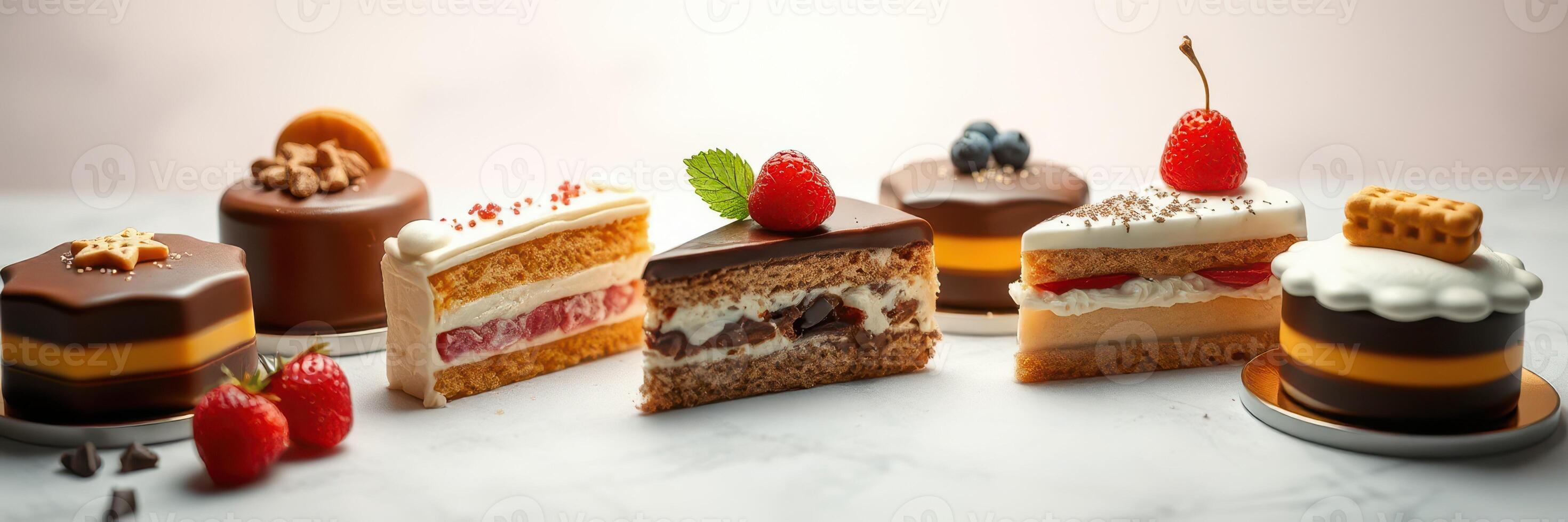 Variety of delicious desserts arranged elegantly on a table with fresh fruit and chocolate accents photo