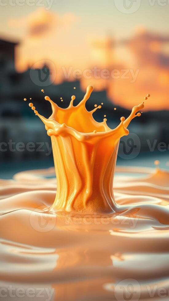 Sunset splash creates an artistic scene with orange liquid bursting upwards in vivid colors photo